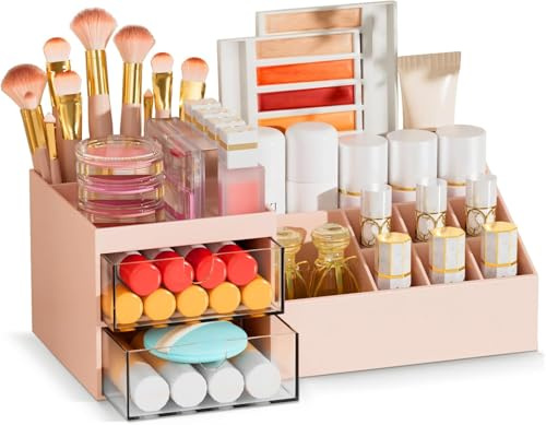 Subsky Makeup Organiser Cosmetics Storage with Drawers, Skincare Organiser, Offices Multi-function Organizer, Cosmetic Storage Box with Drawers,Sleek for Dresser, Bedroom, Bathroom, Pink