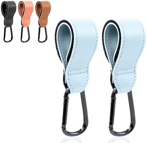 BABALUU Pack Ganchos Carro Bebe Cuero – 2 Enganches – Soportan hasta 20kg de peso - Mosquetón Carrito Bebe – Accesorios para Silla de Paseo para colgar Bolso, Mochila, Bolsas (Azul)