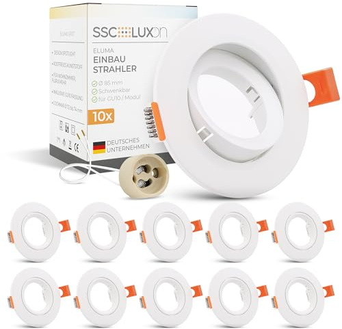 SSC-LUXon ELUMA Einbaurahmen 10er Set schwenkbar rund weiß für GU10 | Zehn schwenkbare Deckenrahmen weiß - für gezielte Akzente, für GU10 oder LED-Module Ø50mm, für Wohnräume (ohne Leuchtmittel)