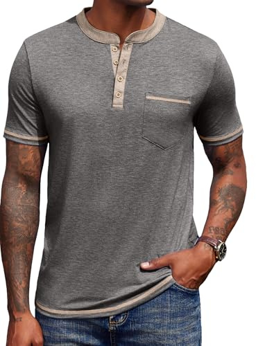 COOFANDY Henley Shirt Herren Kurzarm Sommer Knopf T-Shirts | Henley Ausschnitt, 4 Knöpfen, mit Brusttasche, Stretchstoff, Sommer, Alltag, Lässig, Dating,Arbeit,Urlaub, Freizeit,