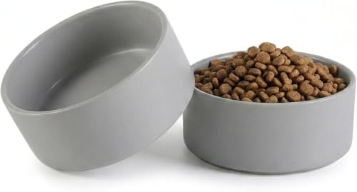 Keramik Halkfri drick- och foderskål - liten hundskål idealisk för mat och vatten - katt drickskål och matare - förpackning med 2 skålar - 13 cm - 140 g/320 ml - grå
