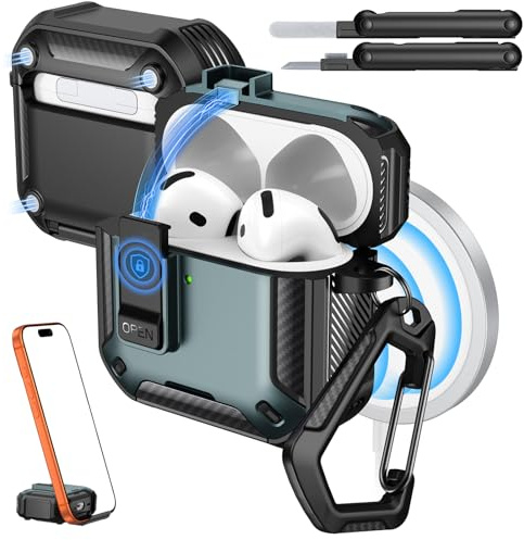 MoKo per Custodia AirPods 4 con Chiusura 2024, Verde mela+Nero | Compatibile con MagSafe, Supporto per Telefono & Pop-up Auto per Custodia AirPod 4a Gen, Copertura Protettiva con Kit Pulizia