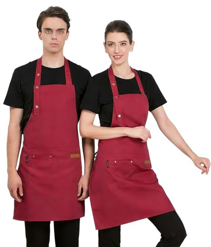 Lorheyar Schürze Aus Leinen Mit Taschen - Verstellbare, wasserdichte Arbeitsschürze Für Küche, Backen, Café, ServiceRed,1