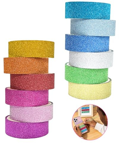 12 Rollen Washi Tape Set, 15mm Glitzer-Klebeband Selbstklebendes Klebeband zum Basteln Bunte Glitzernde Bände Klebebänder Dekoband für DIY Bullet Journal Basteln Geschenkverpackung(12 Farben)
