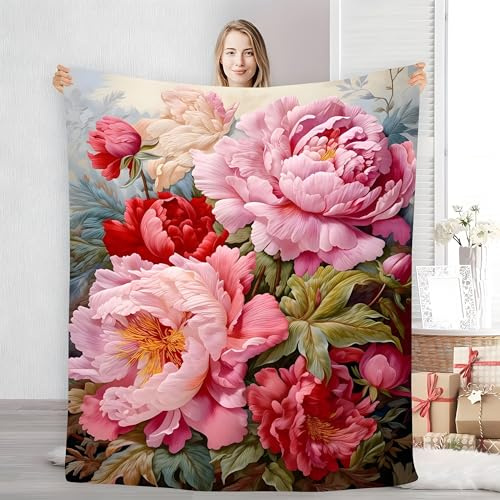 LLSZAHD Peonie Rosa e Bianche Coperta, Stile Pastorale, Morbido Durevole e Soffice Biancheria da Letto, Lavabile e di Facile Manutenzione Coperta di Flanella per Letto Divano Soggiorno, 130x150cm