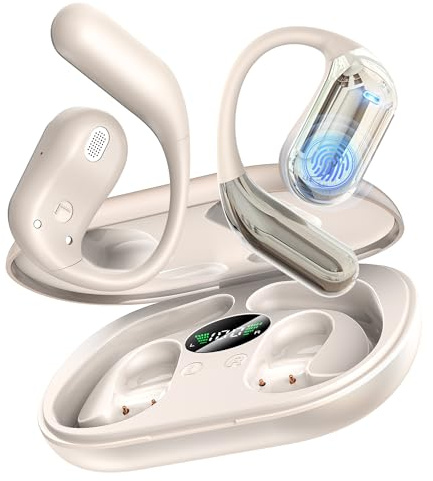 Cuffie Bluetooth Auricolari Bluetooth 5.4, Sport Cuffiette Wireless, Cuffie Open Ear 48 Ore di Riproduzione, Cuffie Senza Filo HiFi Stereo IP7 Impermeabili, Auricolare per iOS & Android, Beige Sabbia
