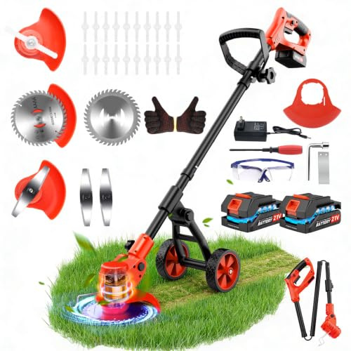 Debroussailleuse Electrique sans Fil 4 in 1, Débroussailleuse Batterie avec 2 Batteries 2,0 Ah, Chargeur et Roues Amovibles, Coupe Bordure sans Fil avec Batterie pour Tondre Le Jardin et la Pelouse.