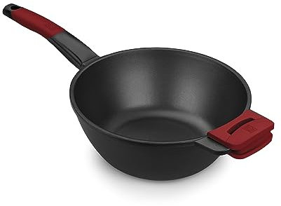 BRA Premiere Wok 28 cm, Aluminio Fundido, Tricapa con Revestimiento Antiadherente reforzado sin PFOA, apto para todo tipo de Cocinas incluida Inducción, color Rojo