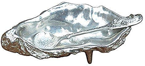 Zinn Auster-Schale Salz-Schüssel, Löffel mit Seepferdchen. Hand gegossen von William Sturt.