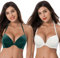 Curve Muse Women Push Up Add 1 and a Half Cup Underwire Halter Front Close Bras -2PK-White,Dk Green-32DD (EU:70E)