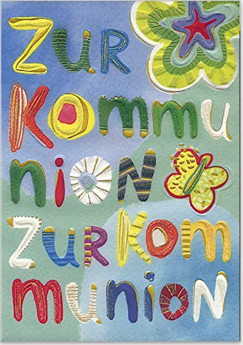 Bunte hochwertige Grußkarte mit Umschlag zur Kommunion, geprägtes Reliefpapier (original von Turnowsky, est. 1940) (1x ZUR KOMMUNION)
