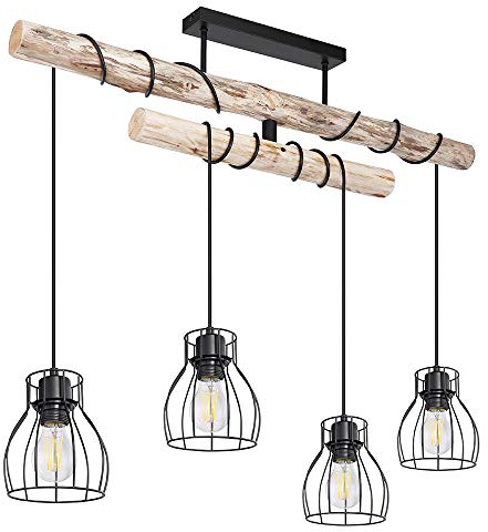 Vintage Pendelleuchte Holz Hängelampe Esstisch Holz Rustikal Pendelleuchte 4 flammig, dimmbar Fernbedienung Farbwechsel Balken und Pendel verstellbar, 4x 9W 4x 806 lm 3000K, LxH 90x100 cm