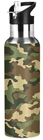 Bottiglia d'acqua militare mimetica con cannuccia in acciaio inox isolata sottovuoto, a prova di perdite, borraccia thermos per viaggi, sport, palestra, 567 g