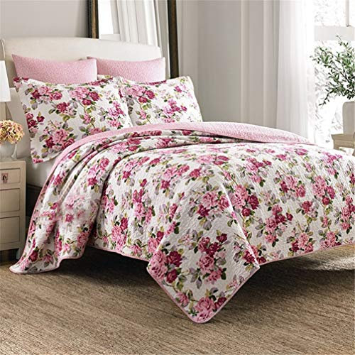 WANWEN Steppdecke aus 100% Baumwolle, 3-teilige Wende-Patchwork-Decke, Tagesdecke Bettdecke, weiches Bett 135/160 der Ehe, 230 x 270 cm + 2 * 50 x 70 cm,Rosa Little Surprise