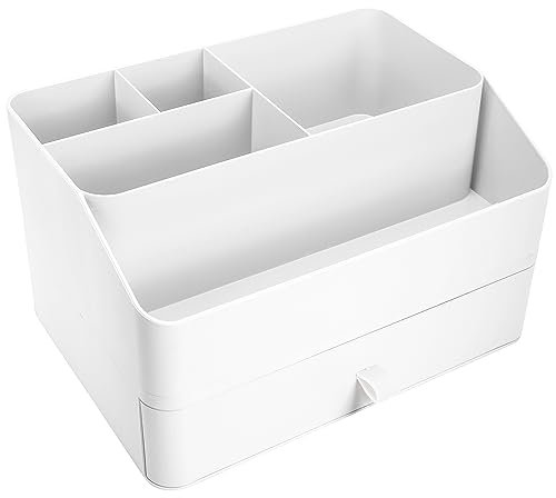 BELLE VOUS Weißer Make Up Organizer - Schminktisch Organizer mit Schublade für Hautpflege, Schmuck, Nagellack, Lippenstift, Pinsel Aufbewahrung & Mehr - Waschtisch, Schlaf- & Badezimmer Organizer