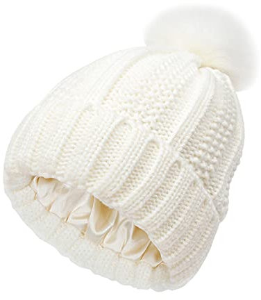 Damen Merino Mütze Mit Kunstfell Bommel Strick-Mütze Damen Grobstrick Pudel-Mütze Winter Beanie Mütze Mit Ponpon Damen Herren Damen Mütze Winter Warme Strickmütze Mit Bommel