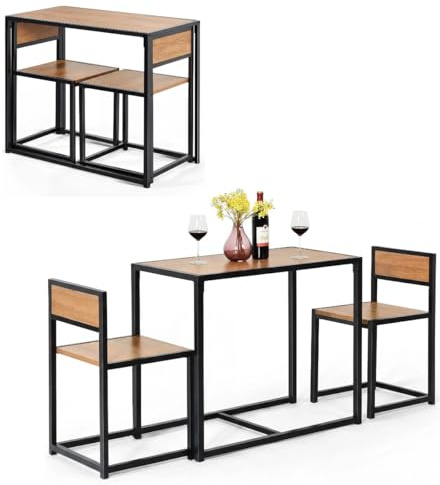 GIANTEX Juego de Muebles de Bar 3 Piezas, 1 Mesa de Comedor con 2 Sillas, Conjunto de Comedor Pequeño para 2 Personas, Diseño Ahorro Espacio, Juego de Bistró para Bar, Balcón (Natural)