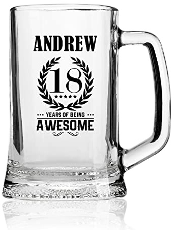 Personalised 18th Birthday Gifts for Boys, Men or Him Beer Glass Tankard Years of Being Awesome