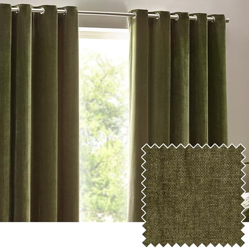 furn. Yard Heavy Chenille Eyelet Curtain Pair – Lined Room Darkening Soft Velvet Curtains (Olive - Width 168 x Drop 183cm)