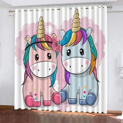 GIOVIA 3D Einhorn Gardinen Abdunkelnde Paar Einhorn Kindervorhänge Vorhang mit ösen 2er Set Vorhänge Blickdicht Verdunkelungs für Kinderzimmer Schlafzimmer Wohnzimmer B 200 X H 160 cm