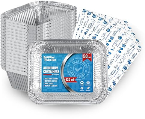 Espirito Rebelde 50 Barquettes en Aluminium 430 ml avec Couvercles | Moules Jetables a Emporter | Emballage Alimentaire pour Barbecues, Congélation, Meal Prep | Plateau de Service