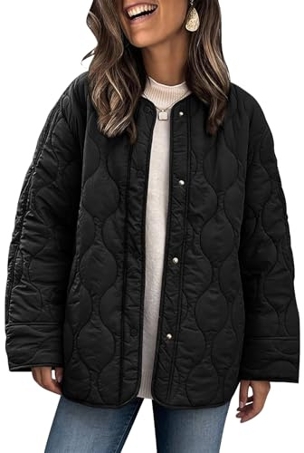 PEHMEA Women's Oversized Lightweight Quilted Jacket Button Down Fall Winter Coats Puffer Padded with Pockets(Black-L)