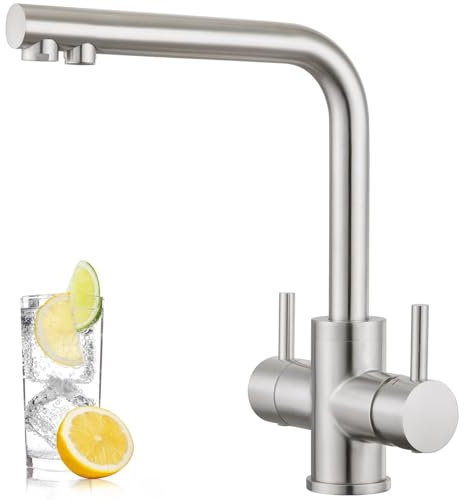 CREA Robinet Cuisine Osmose 4 Voies, Robinet Cuisine Osmoseur avec Soda,Haute Pression, Mitigeur Cuisine Trois Voies Pivotant à 360°, Robinet Évier de Cuisine avec Sortie Eau Filtrée,Acier Inoxydable