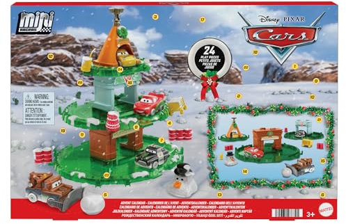 Mattel Disney und Pixar Cars Minis Adventskalender von Mattel mit 24 Teilen, Überraschungen, darunter Mini-Spielzeugautos, stapelbare Schienenteile und Zubehörteile zum Geschichtenerzählen, HXT34