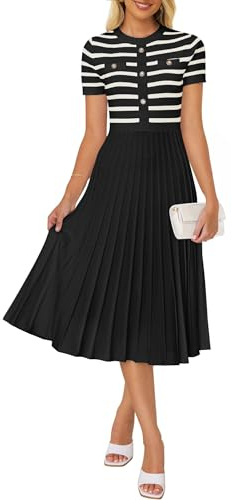 ZESICA Women's 2025 Casual Striped Midi Dress Crewneck Short Sleeve Button Ribbed Knit Swing Pleated A Line Dresses,Black,Small