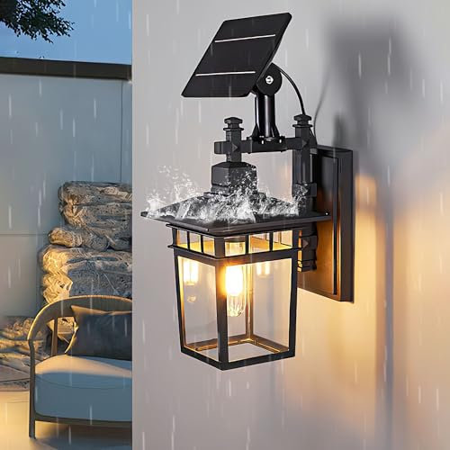 Außen Solarlampen Retro Außenlampe IP65 Wasserdicht Solar Wandleuchte E27 Vintage Industrial Aussenleuchten Wand Glas Lampenschirm Schwarz Wandlampe für Veranda Garage Balkon Garten Wandbeleuchtung