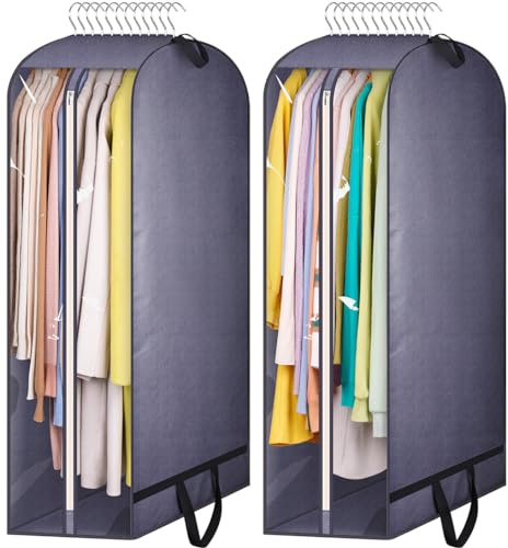 KIMBORA 10 Gusseted Clear Garment Bags for Hanging Clothes Storage, 43 Suit Bags for Closet Storage with Handles, Garment Covers for Coats, Jackets, Sweaters (2 Packs, Grey)