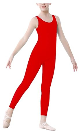 P&R DANCEWEAR LTD Flickor glänsande ärmlös fotlös catsuit ett stycke gymnastik trikå, barn helkropp kroppsdräkter dans kostymer, Röd, 13-14 Years