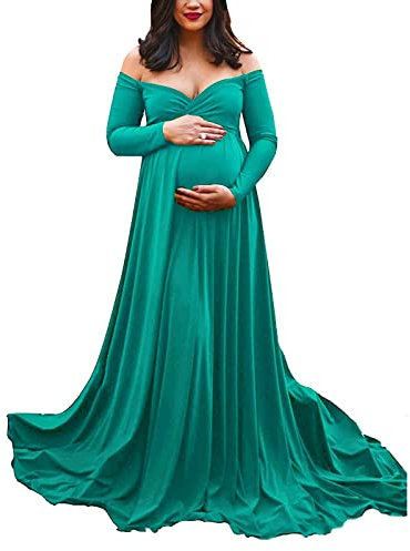 Vestido de maternidad de encaje para mujer, hombros descubiertos, manga larga, para fotografía, embarazadas, vestido de princesa liso, vestido de utilería para fotos, vestido de maternidad, verde, S