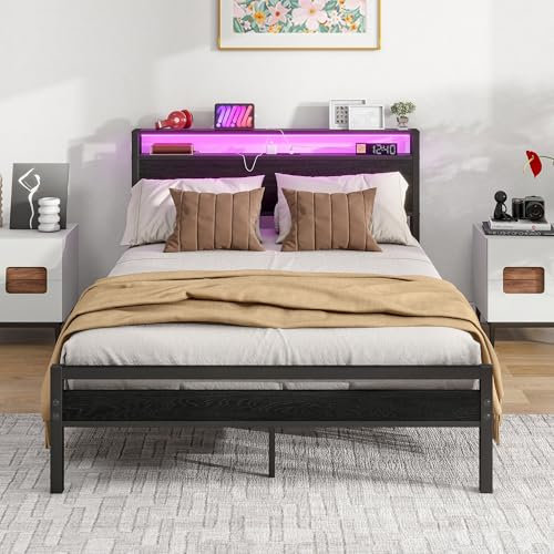 BORPHOM Double Bed Frame with Storage Wood Headboard Shelf,LED Lights,4ft6 Metal Platform Bed Frame Double Bed with Charging Station,Mattress Base,Strong Steel Slats Support,Under-bed Storage,Black