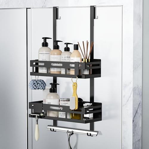 Vorlestour Duschablage 0hne Bohren Schwarz, Duschablage zum Hängen für Glasduschtüren, Duschregal zum Hängen mit 2 Duschkorb, 4 Festen Haken, 1 Glaswischerhaken und 2 Beweglichen Haken Ausgestattet