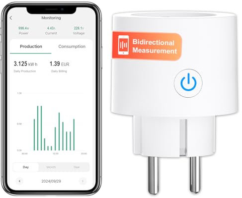 ANTELA Presa Intelligente Bidirezionale Wifi 16A (Type F) con Misurazione della Corrente Misuratore di Elettricità per la Centrale Elettrica del Balcone, Timer, Compatibile con Alexa/Google Home, 1Pz