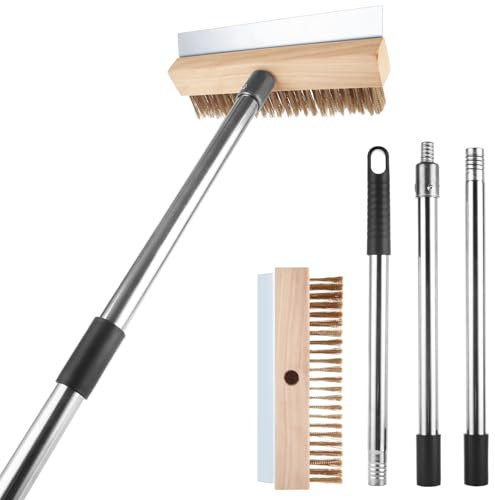 MUXHEL 1 Pcs Adjustable Pizza Oven Brush with Scraper, Brass Bristles Pizza Stone Brush with Detachable Handle, Pizza Oven Accessories for Cleaning Pizza Oven