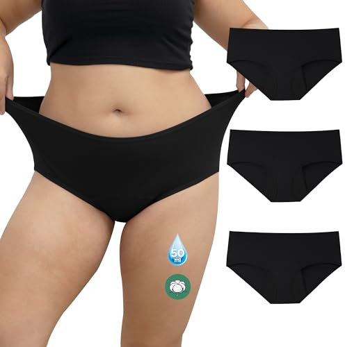 INNERSY Mutande Mestruali Donna Flusso Abbondante Mutandine Assorbenti Taglie Forti Cotone Pacco da 3 (XL, 3 Nero)
