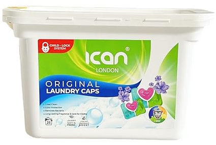 ican London laundry 3 in 1 Washing caps, Liquid Laundry Detergent caps, 25 x 10g caps