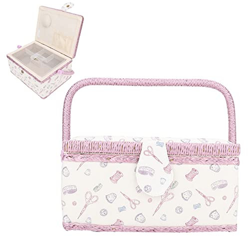 Large Premium Sewing Basket, Vintage Sewing Basket with Detachable Tray Pin Cushion, Cloth Sewing Storage Box for Needles, Thread, Tape Measure
