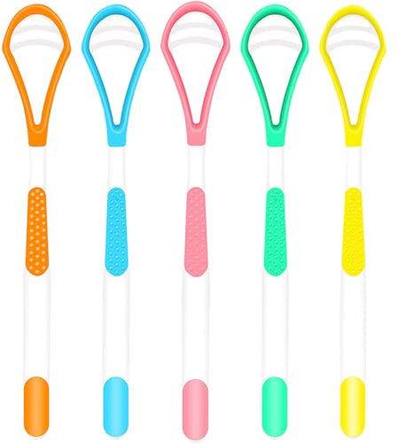 WOLMIK Tongue Scraper, 5 Pack Tongue Cleaner for Oral Hygiene and Fresh Breath, Reusable Double-Sided Soft Tongue Brush, Easy to Use and Clean