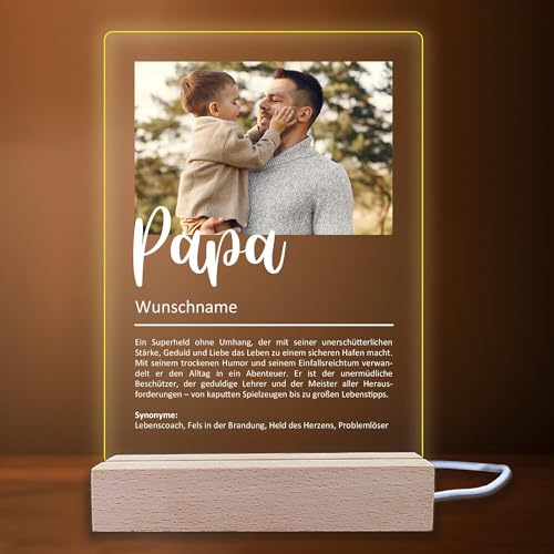 INDIGOS UG - LED Lampe personalisiert - Papa Definition - Bild mit Wunschtext - Wunschname - personalisiertes Nachtlicht - Geschenk, Geburtstag, Weihnachten - optionale Lampe warmweiß