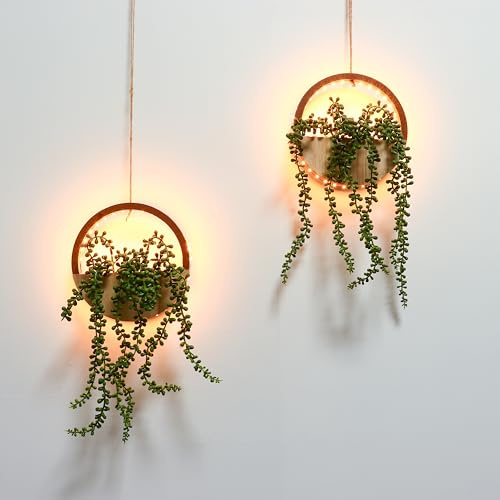 HanYun 2 Stück Künstliche Sukkulenten Hängepflanzen mit LED Lichterkette, Kunstpflanze Hängend Gefälschte Perlenkette im Topf für Wanddekoration im Innen- und Außenbereich (Holzfarbe)