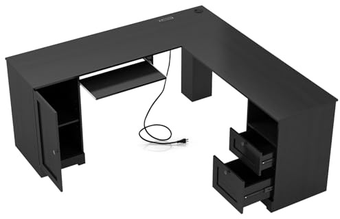 LIFEZEAL Tavolo per computer a forma di L con ripiano per tastiera e cassetti, organizer da scrivania con stazione di ricarica e canalina per cavi, scrivania angolare con armadio e scaffale (nero)