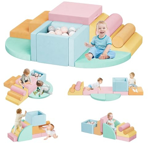 smilesun 12 PCS Foam Climbing Blocks for Toddlers with Ball Pit, Safe Soft Play Gym Set，Baby Kids' Indoor Playground Foam Blocks for Crawling, Climbing Motor Skills Development（Colorful）