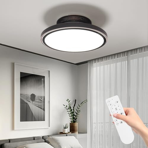 KRIPINC Sin Aspas Ventilador de Techo con Luz LED y Mando a Distancia, Silencioso 3000-6000K Regulable Lampara Techo Ventilador con 6 Velocidades de Viento y Función de Temporizador, Negro