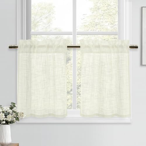 DWCN Hellbeige Scheibengardinen Kurz Vorhänge Leinen Gardinen 2 Stück H60xB90cm Vorhang Halbtransparent Fenstervorhänge Modern für Küchengardinen Landhaus Schrankvorhang Bistrogardine Wohnwagen