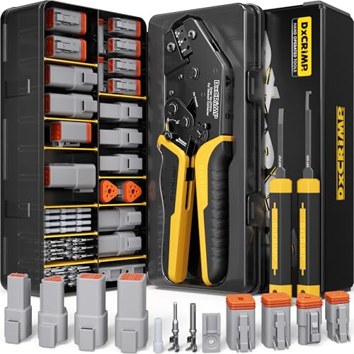 DxCRIMP Kit Pinza Crimpatrice per Connettori Serie DT, Connettori Impermeabili 2-6 Pin, Contatti Stampati (22–14AWG/0,34-2,5mm²), Cricchetto e Utensili Rimozione Auto Barca, Compatibile con Deutsch DT