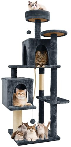 TSCOMON 58.5inch Large Cat Tree Tower Condo for Indoor Cats, Soft Plush Multi-Level Climbing Tree Cat House, Scratching Post, More Entrance/Exit, Sisal Rope, Black Grey