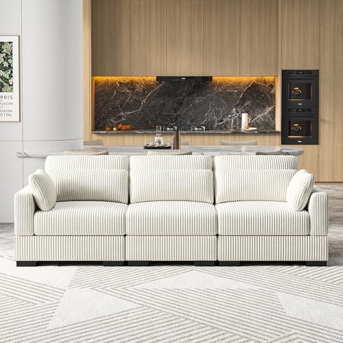 WOBOPCG Divano - Sofá de 3 plazas, modular, de terciopelo acanalado, acolchado, para salón, sofá de 3 plazas con cojines, diván bajo, sofá cama, sillón lounge (beige, 3 plazas)